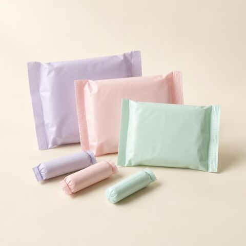 Individually wrapped unbranded pads and tampons in pastel wrappers