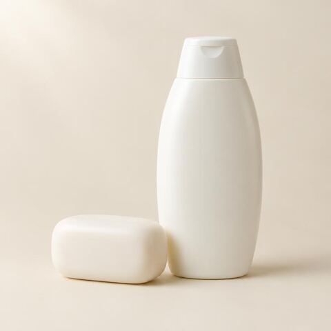 A plain bar of soap next to an unlabeled body wash bottle