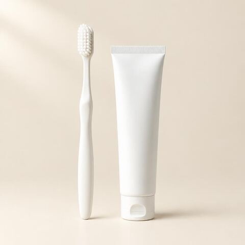 An unbranded white toothbrush beside a plain toothpaste tube